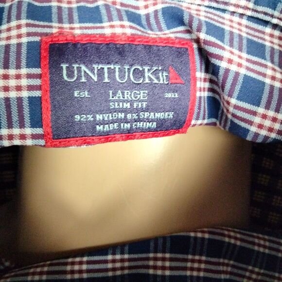 Untuckit Shirt Mens L Blue Slim Fit Plaid Long Sleeve Button Front Casual Nylon - Picture 7 of 8